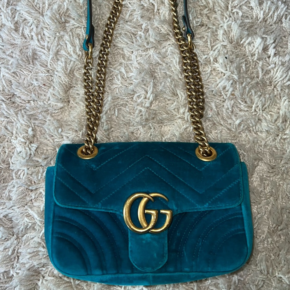 Gucci Teal Velvet Marmont Small Shoulder Bag with Gold Hardware - Picture 2 of 13